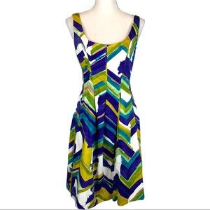 Nine West Abstract Stripe Fit & Flare Sleeveless Dress In Green Multi Size 2
